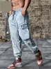 Heren jeans lading broek pocket decor licht blauw rekbare sporten fitness los wasbare wasbare casual mannelijke spijkerbroeken's