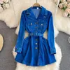 Basic Casual Dresses Spring Autumn Retro High Quality Long Sleeve Suit Collar Double Breasted Slim A Line Denim Dress Women Shirt Jacket T1485 231123