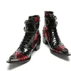 2024 High Heels Leather Ankle Boots Men Iron Toe Buckles Zip Black Red Punk Motorcycle Short Boots for Man, Big Sizes