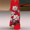 Casual Dresses 2023 Ladies Spring Summelong Dress Women Red Long Sleeve V-Neck Elegant Party Face 3D Printing Vintage