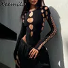 Женские комбинезоны Rompers Xeemilo Sexy Dot Hollow Out Bodysuit Y2K Готический панк с длинными рукавами Bodycon Футболка Женская осенняя уличная одежда Тонкий лиф Боди 231123