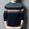 Men's Sweaters Warm Sheep Wool Clothes For Men Autumn & Winter O-Neck Wide Stripes Sweater Patchwork Colors Cashmere Jumpers