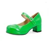 Kledingschoenen QPLYXCO Lakleer Geel Groen Oranje Platform Dikke Medium Hakken Gesp Meisjes Dames Lolita Mary Janes Pumps