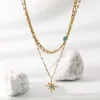 S3620 18K Gold Plated Aço Antelante Colar de Camada Dupla para Mulheres Colares de Pingentes Estrela de Pedra Natural