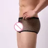 Homens sexy fishnet boxer shorts ver através de lingerie exótica respirável transparente roupa interior bulge bolsa bikini hombre