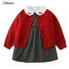 Платья для девочек Clibeso, комплект платьев для первого дня рождения, комплект из 3 предметов для маленьких детей, красный вязаный кардиган, белая блузка без рукавов 231124
