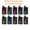 Breze Stiik Space 6000 Puffs使い捨て蒸気エキガレットパフ6000ベープペン13ml事前に充填されたポッドカートリッジ1500MAH非充電式バッテリー5 LEDインジケーターVaper