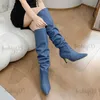 Laarzen Blauw Denim Geplooide Lange Laarzen Vrouwen 2023 Herfst Puntschoen Hoge Hakken Knie Hoge Laarzen Vrouw Slip Op Hakken westerse Cowboy Laarzen T231124