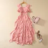 2024 Spring Pink Solid Color Ruffle Floral Lace Dress Off Shoulder Square Neck Paneled Midi Casual Dresses S3N161116