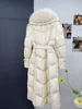 진짜 여우 모피 칼라 거위 다운 재킷 여성 긴 코트 파카 디자이너 재킷 두껍게 따뜻한 바람막이 야외 겉옷 오버 코트 블랙 벨트