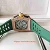 Мужские часы высшего качества 44 мм x 50 мм RM11-03 Skeleton 18-каратное розовое золото Дизайнерские часы Зеленые резиновые ленты Сапфировые прозрачные механические автоматические мужские наручные часы