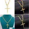 Bijoux Réel 24K Jaune Solide Fin Grand Pendentif 18Ct Thai Baht G / F Or Jésus Croix Crucifix Charme 55X35Mm Figaro Chaîne Collier Goutte Dhm9N