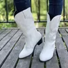 Laarzen Geborduurde Witte Westerse Laarzen Vrouwen 2023 Herfst Slip Op Hoge Hakken Cowboy Laarzen Vrouw Plus Maat 43 Puntige Neus mid Kuit Botas T231124