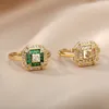 Anéis de Cluster Anel Quadrado Verde para Mulheres Menina Aço Inoxidável BirthStone Casal Anel de Dedo Acessórios Festa Jóias Anillos Bijoux Femme 230424