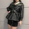 Женская кожаная куртка 2023, корейская женская черная искусственная куртка с рукавами-фонариками на талии, осеннее мотоциклетное байкерское пальто, Ropa Mujer, повседневная мода
