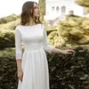 Wedding Dress Lace Applique Beading Boat Neck Half Sleeves 2023 Back Button Satin SweepTrain Boho Bridal Gown