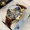 Andra klockor Olevs Men's Automatic Mechanical Waterproof Leather Strap Top Luxury Men armbandsur Luminous Present Box Watch 231123