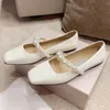 Designer brand women shoes pearl square toe deerskin mary jane shoe luxury genuine leather flat heel beading chains gentle single shoe