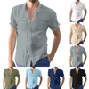 Men's Casual Shirts Mens Fashion Clothing Trends Linen Summer Turn Down Collar Short Sleeve Tops Solid Color Double Pockets Men Shirt