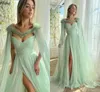 Dubai Arábia Saudita Sage Chiffon A Linha Vestidos de Noite Lindo Beading Cabo Longo Envoltório Vestidos de Festa de Baile Plissado Sexy Side Split Segunda Recepção Vestido Formal CL2972