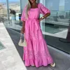 Vestidos casuais maxi vestido quadrado colarinho puff meia mangas cinto renda costura cintura alta plissado hem sólido streetwear