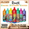 Original RandM Tornado 9000 Puffs Disposable E Cigarettes 0.8ohm Mesh Coil 18ml Pod Battery Rechargeable Electronic 9000 puff Cigs 9K 2% 5% Vape Pen 43 Flavors