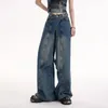 Mäns jeans Europeiska och amerikanska personliga retro gjorde Old Wash High Street Loose skarvade breda benbyxor för män kvinnor