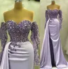 2023 avril Aso Ebi Lilac Sirène de bal de bal Crystals Crystals en dentelle Satin Soirée formelle Fête Deuxième réception Robes de fiançailles d'anniversaire robe robe de soirée zj622