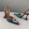 Chaussures de créateurs Amina Muaddi Sandales de créateurs Cristal de tournesol Boucle d'arc en strass Slingbacks ornés Escarpins 10cm Sandale à talons hauts Chaussure habillée pour femme