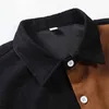 Men's Casual Shirts Fashion Mens Two Tone Corduroy Splice Turn-down Collar Short Sleeve Button Up Shirt Black Brown