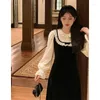 Casual Dresses Vintage Women Dress Elegant Long Sleeve Black Velvet Lace Kawaii Party Office Ladies Korean Fashion Chic Midi