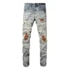 Calças jeans de grife amiiri 2023 nova tendência moda ajuste fino pé pequeno remendo elástico jeans masculino amiiri marca de moda desgastado rasgado skinny para venda