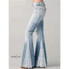 DESIGNERS Spring New Fashion Jeans Gradient Flower Print Imitation Denim Bell Bottoms High Waist Long Pants Plus Size Women Trousers H0908 dfashion98