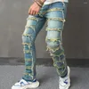 Herenjeans Heren Stijlvolle vintage blauwe gestapelde gesplitste slanke biker rechte broek streetwear mannelijke motorfiets casual denim broek