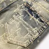 Herr jeans retro stjärna denim byxor smal tryck personlighet klippt rippad casual gata vintage moppande bredbensbyxor