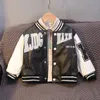 Jackets Baby Boys Letter Print Baseball Coat Stripes Collar Spring Faux Leather Moto Jackets for Children Racing Biker Coat FY11073 231123