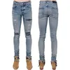 Designer Clothing Denim Amiiri High Street Bleu Effiloché Patchwork Jeans Hommes Slim Fit Petits Pieds Casual Pantalon Déchiré À La Mode