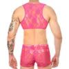 Män sexiga spetsar ren porrshorts Set Transparent Crop Top Boxers andningsbara erotiska Bra romantik sissy trosor bikini