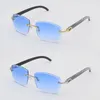 Designer New Rimless Diamond Cut Lens Lunettes de soleil 8200757 Lunettes de soleil Lunettes de soleil originales en corne de buffle marbrée noire Homme et femme Cadre en métal en or 18 carats Taille 60 mm