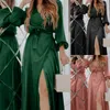 Robes décontractées femmes robe 2023 printemps mode élégant col en V cravate banlieusard fête couleur unie à manches longues Blouse Sexy fente