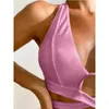 Mulheres Swimwear 2023 Luxo Mulheres Swimsuit Rosa Bikini Top Push Up Três Peças Oco Sexy Backless Split Beach