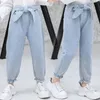 Kot 2023 bahar çocuk kız açık mavi denim pantolon kızlar moda yay pantolon gündelik tarzı kıyafetler 6 8 10y