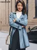 Women s Jackets Lautaro Spring Autumn Classy Blue Faux Leather Trench Coat for Women Belt Elegant Luxury Designer Clothes Runway Fashion 231124