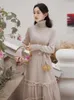 Casual Dresses Women Apricot Turtleneck tröja Retro French Mesh Patch Fashion Elegant Korean Strap Dress Autumn Vestido Mujer