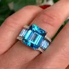 Clusterringen Luxe Glanzend Blauw Vierkant Zirkoon Openingsring Geometrisch Kristal Luxe Stenen Ringen voor Vrouwen Bruiloft Sieraden Mode Bruidsring 230424