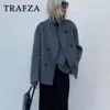 Women's Fur Faux TRAFZA 2023 Autumn Winter Women Casual Solid Woolen Coat Fashion Office Lady Loose Double Breasted Turtleneck Demiseason Jacket 231123