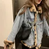 Kvinnors dike rockar leopard tryck koreansk mode reversibel lambwool jacka lös förtjockad fast färg denim topp parkas vinter för kvinnor