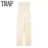 Kvinnors jumpsuits Rompers Traf Beige Cargo Long Woman 2023 Summer Off Shoulder Kvinnlig Jumpsuit Belt Backless Elegant Loose Overalls 231123