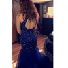 Wedding Dress Shinny Crystal Pearls Mermaid Cocktail Dresses High Neck Sleevesless Tull Train Party Gown Vestidos De Fiesta