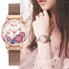 Armbandsur 2023 Kvinnor Watches Magnet Buckle Flower Watch Luxury Ladies rostfritt stål Mesh Belt Quartz Meibo -klocka